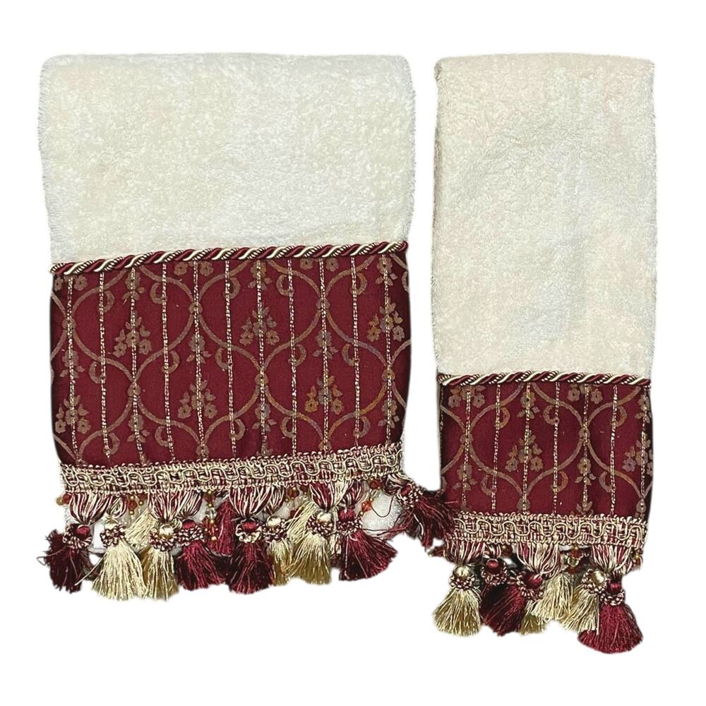Croscill Burgundy Gold Hand Bath Towel Set Tassel Fringe Bead Damask Decorative
